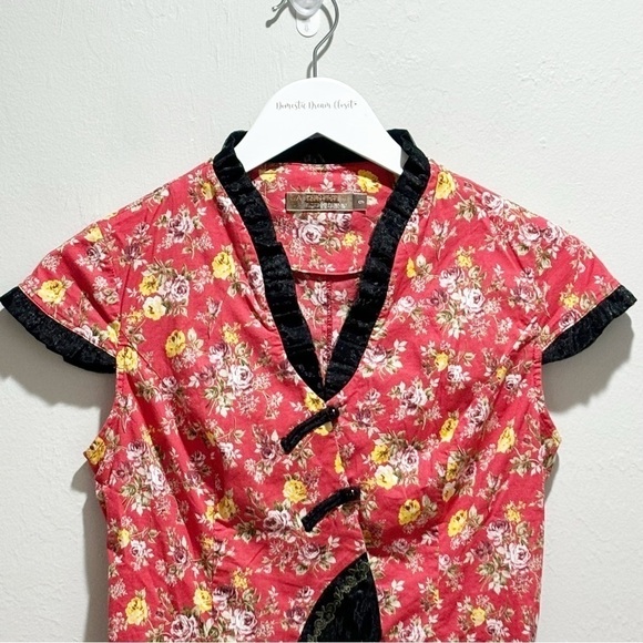 Vintage GAIL & GINNY Women’s Red Ditsy Floral Asian Inspired Blouse Top Size 9 - Picture 2 of 8